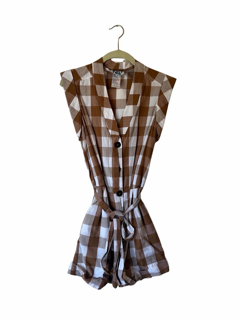 Brown and White Gingham Tie-Waist Sleeveless Romper